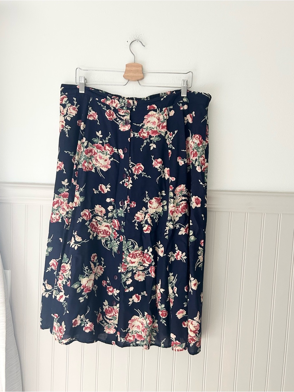 Vintage 90s Michael Taylor Floral Midi Skirt Navy Pink Rayon Plus Size 3X